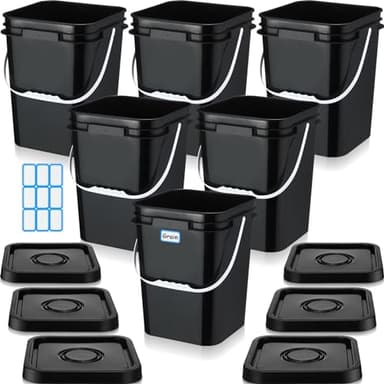 Vesici 6 Pcs 5 Gallon Food Grade Square Buckets with Lids 5 Gal Plastic Food Storage Square Bucket Heavy Duty Industrial Pail Container with DIY Label Stickers Handles for Water Painting(Black)