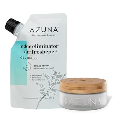 Azuna Air Freshener & Odor Eliminator for Strong Odor | 1 Room Kit Includes (1) Empty Luxe Glass Jar & 8oz Refill with Tea Tree Essential Oil Gel | Amalfi Breeze | Last 60-90 Days