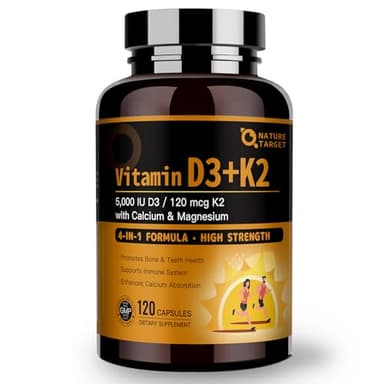 NATURE TARGET Vitamin D3 K2 with Calcium & Magnesium - Max Strength 4 in 1 Formula for Bone, Heart & Immune Support - Supplies 5000 IU Vitamin D3 & 120 mcg of Vitamin K2, 120 Count