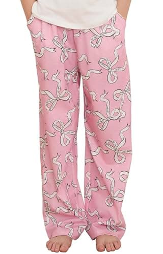 PATPAT Girls Plaid Pajama Pants - Kids Long Sleep Soft Elastic Waist Lounge Bottoms with Pockets,Pink Bow,Size 13-14 Years