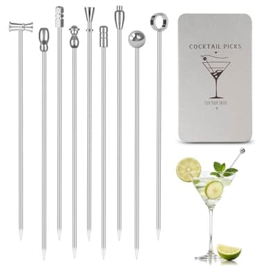 Metal Martini Cocktail Picks 9 Pcs, 4.1 in Olive Skewers Stainless Steel, Martini Garnish Sticks Reusable, Metal Toothpicks for Drinks, Appetizers, Bar Accessories Gift for Bartenders - Sliver