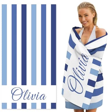 Dreamdecor Custom Beach Towel with Name Striped Kids Personalized Beach Towels for Swimming Pool Vacation Microfiber Sand Free Fast Drying Beach Towel for Adults Women Men 30"*60"