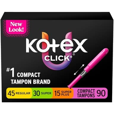 U by Kotex Click Compact Multipack Tampons, Regular/Super, Unscented, 90 Count (Packaging May Vary)