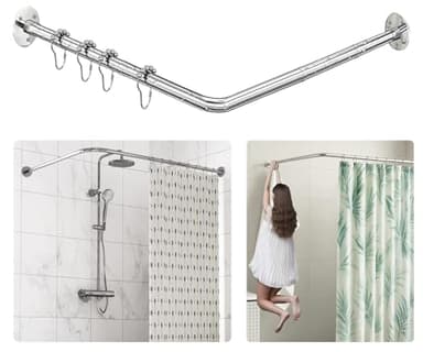 L Shaped Shower Curtain Rod, Adjustable (23.6"-52.4" x 23.6"-52.4"), Corner Shower Curtain Rod, Genuine 304 Stainless Steel, Unsagging, Drill-Free, 90° Corner Design, Includes 12 Shower Curtain Rings