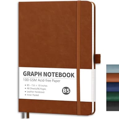 RETTACY Graph Grid Paper Notebook, 96 Pages, B5 Medium Size (7.6'' x 10''), 5 Squares per Inch, Leather Hardcover, 100 GSM Thick Paper, for School, Students, Math, Engineering (Brown)