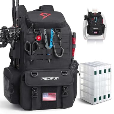 Piscifun 52L Fishing Tackle Backpack with Rod Holders & 4 Tackle Boxes, Water-Resistant Large Tackle Bag for Fishing Gear Storage with Rain Cover, Black