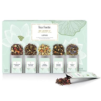 Tea Forte Single Steeps Loose Leaf Tea Sampler, Assorted Variety Tea Box, 15 Single Serve Pouches, Lotus Tea