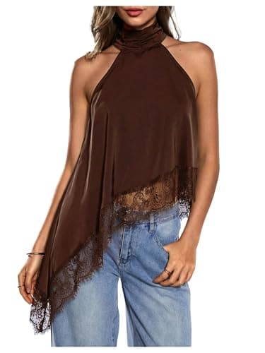Milumia Women's Halter Neck Sleeveless Top Lace Asymmetrical Hem Summer Going Out Tank Tops Coffee Brown Medium
