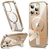 Reukdnv Upgraded 360°Rotatable Stand Magnetic Case for iPhone 15 Pro Max[Adjustable Invisible Kickstand][Compatible with Mag Safe][Military Drop Protection] Shockproof Non-Yellowing Clear Gold