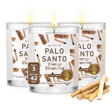 Magnificent 101 Set of 3 Long Lasting Palo Santo Smudge Candles - 42 Hour Burn, 3.5 Oz Each, Made with Soy Wax and Herb, Ideal for House Energy Cleansing, Meditation & Manifestation - Sage Candle