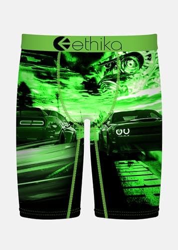 Ethika Men’s Boxer Brief, Knee Length, 4-Way Stretch Performance Underwear with Graphic Prints - Breaking Out (GRB, M) Green/Black