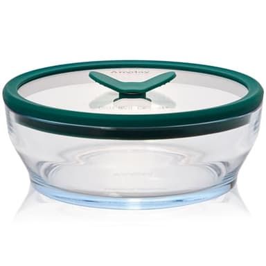 Anyday 4-Cup Glass Food Storage with Glass Lid, Round Shallow Dish | Plastic-Free Meal Prep & Microwave Cookware | Stackable Airtight Storage Container with Vented Lid for Microwave-Safe Reheating
