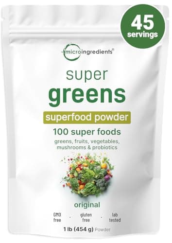 Micro Ingredients Super Greens Powder, 1lb | 100 Superfood Blend with Daily Greens, Fruits, Vegetables, Mushrooms & Probiotics | Source of Vegan Protein & Enzymes | Non-GMO, Gluten-Free, No Additives