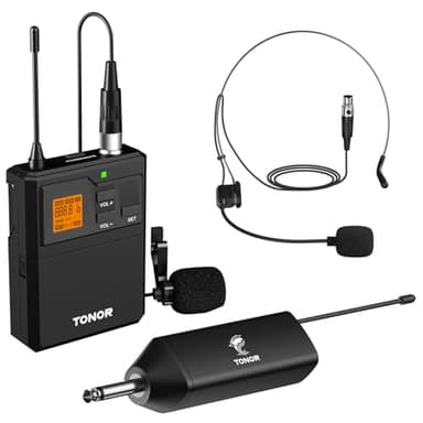 TONOR UHF Wireless Microphone System with Headset Lavalier Lapel Mic, Bodypack Transmitter, Rechargeable Receiver, 15 Channels 60 m/200ft Range 1/4" Output for Recording, 1 Bodypack Mic