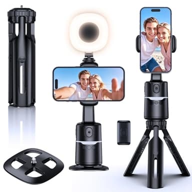 UBeesize Auto Face Tracking Tripod with Adjustable Desk Tripod, 360° Rotating vlogging kit for iPhone with Remote & Gesture Control, Rechargeable Selfie Fill Light, No App Required