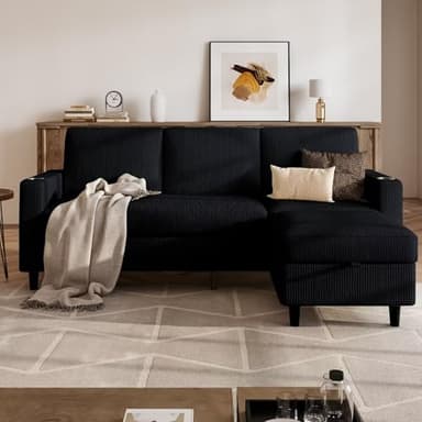 POYISOU Convertible Sectional Couches for Living Room, 3 Seats L Shaped Sofa with Storage Ottoman and 2 Cup Holders, Modern Corduroy Couch Small Sofas for Small Space Apartment Office, Black