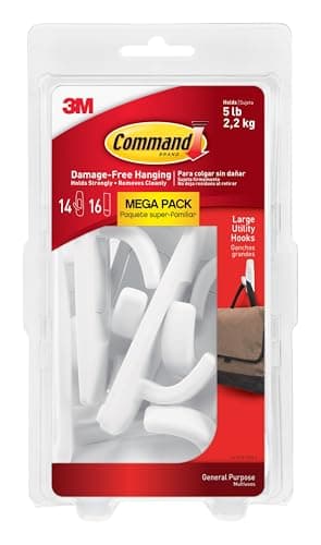 Command Large Utility Hooks, Holds up to 5 lb, 14 Hooks and 16 Strips, Damage-Free Hanging Wall Hook with Adhesive Strips, No Tools Great for Hanging, Organization and Storage