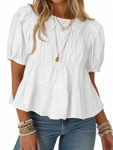Tankaneo Womens Puff Sleeve Peplum Babydoll Tops Summer Flowy Pleated Cotton T-Shirts Casual Loose Fit Cute Blouse White