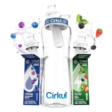 Cirkul 32oz. BPA-Free Plastic Water Bottle Starter Kit with Navy Lid, 2 Flavor Cartridges (1 LifeSip Blueberry Grape, 1 GoSip Kiwi Berry) No Sugar, Zero Calorie Drink Mix
