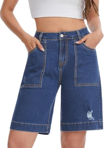 Metietila Baggy Jean Shorts for Women High Waisted Bermuda Knee Length Denim Shorts Trendy Distressed Summer Jorts with Patch Pocket,Classic Blue S