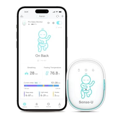Sense-U Pro Baby Breathing Movement & Sleep Position Monitor with Gentle Vibration Alerts, Temperature Notifications, Audible & App Alerts, Sleep Analysis, Long Battery Life, Easy Clip-On Design