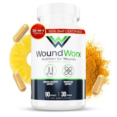 Free Life Labs WoundWorx Nutrition-Scar and Surgery Support, Wound Care, General and Plastic Surgery, Faster Healing w/Vitamins, Amino Acids, Collagen, Probiotics, Turmeric, Bromelain-90 caps