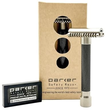 Parker THE VARIANT OPEN COMB - ADJUSTABLE Double Edge Safety Razor, Customize your Shave with a Turn of the Dial from Mild to Aggressive - 5 Blades Included (Graphite Gray)