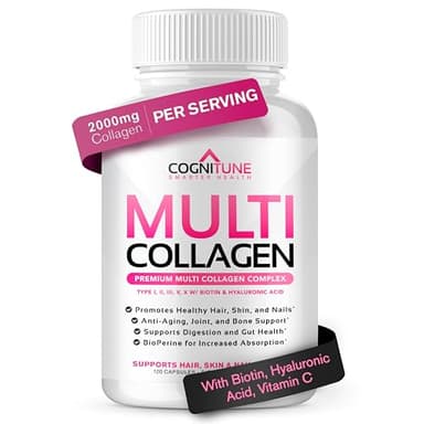 CogniTune Multi Collagen Peptides for Women with Biotin, Hyaluronic Acid, Vitamin C - 5 Types I II III V X Colageno Hidrolizado - 2000mg Hair Skin Nails Joints Support - 120 Capsules