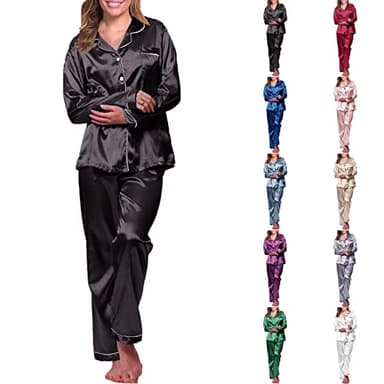 Rtdyvyuhb Women Pajama Sets Long Sleeve Silk 2 Piece Lapel Shirts Pants Satin Pj Set Soft Button Down Loungewear Sleepwear Black