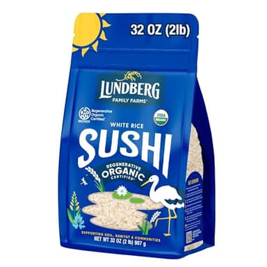 Lundberg Organic California Sushi Rice - Short Grain Rice, White Japanese-Style Sticky Rice for Perfect Sushi Rolls, Rice Bowls, and Mochi, White Rice Grown in California, 32 Oz