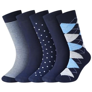 Cuffbow 5 Pairs Merino Wool Mens Dress Socks Business Casual Pattern Soft Breathable Classic Mid Calf Socks for Men