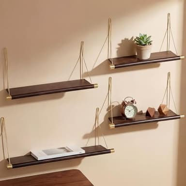 Pinkunn 4pcs Mid Century Modern Decor Walnut Floating Shelves for Wall Mounted Storage Shelves Solid Wood Rustic Decorative Shelving Living Room Bedroom Coffee Bar Bathroom Display Plant Photo