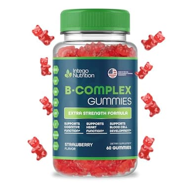 INTEGO NUTRITION Vitamin B Complex Gummies for Adults, B Complex Vitamin Supplement for Women and Men, B Vitamins Complex Gummies for Energy and Brain Health, Natural Strawberry Flavor, 60 Count
