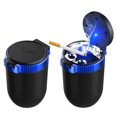 Ohleats 2 PCS Car Ashtray with Lid, Detachable Stainless Steel Ash Tray with LED Blue Light, Portable Mini Vehicle Cup Holder Trash Can Smell Proof Ashtray Cup, Universal Car Accessories (Blue)