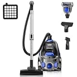 PKUYIE Canister Vacuum Cleaner, 32Kpa 1600W Bagless Vacuum Cleaner, Dust Full Indicator, H13 HEPA Filter, 3.7Qt Large Capacity, Lightweight Vac for Hard Floors, Carpet, Pet, Upholstery, Blue