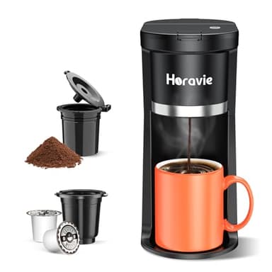 Horavie Small Single Serve Coffee Maker, Fast Brew One Cup Coffee Machine for K Cup and Grounds, 6 to 12 oz. Brew Sizes, Capsule Coffee Machine with Descaling Reminder and Viewing Tank, Black