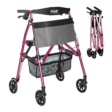 Stander Wonder Rollator Plus, Lightweight Folding Mobility Rolling-Walker, EZ Fold-N-Go-Rollator for Seniors and Adults, 6-inch Wheels, Locking Brakes and Padded Seat with Backrest, Regal Rose