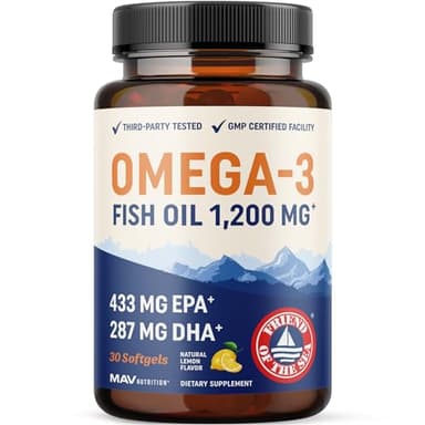 Triple Strength Omega 3 Fish Oil 1200 mg | EPA & DHA | Wild Caught, Sustainably Sourced Omega-3 Fatty Acids | Premium Burpless Fish Oil Supplements | Non-GMO, Third-Party Tested | 30 Softgels