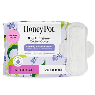 Honey Pot - Calming Herbal Regular Sanitary Pads for Women - 100% Organic Cotton Top Sheet - Feminine Care - Non Cooling - Calming Herbs of Lavender, Ashwagandha, & Lemon Balm - 20ct