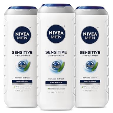 NIVEA MEN Sensitive Body Wash with Bamboo Extract, Moisturizing Body Wash for Sensitive Skin, Soap Free Shower Gel for Men with No Drying Alcohol, 16.9 Fl Oz Bottle, Pack of 3