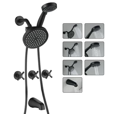 LIWEIKE 3 Handle Tub Shower Faucet, Matte Black Three Handles and Tub Spout Faucet Set Black Shower Faucet 3 Knob Brass Rough-in Valve
