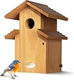 Water Proof Bluebird House for Outside, 2 Layers Metal Roof Water Proof, Outdoor Lifetime Durability Solid Cedar Wood Bird House for Pole, Secure Latch, Updated 1.5" Hole Size (Comfy Mansion)