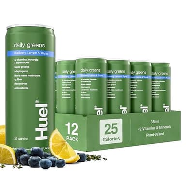 Huel Daily Greens Ready-to-Drink | Blueberry Lemon Thyme Superfood Greens | 91 Vitamins, Minerals, and Wholefood-Sourced Ingredients| Adaptogens, Antioxidants, Gut-Friendly Probiotics| 12 Fl Oz, 12 Pk