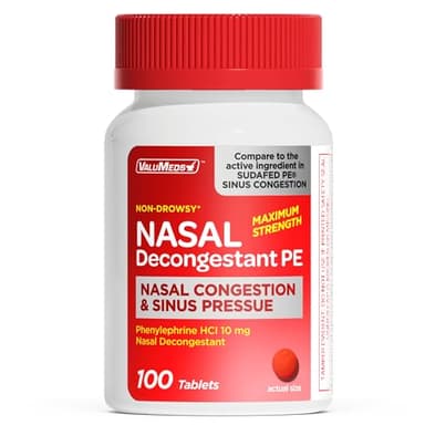 ValuMeds Nasal Decongestant PE Non-Drowsy for Adults | Maximum Strength Phenylephrine HCl 10mg to Relieve Sinus Pressure from Cold or Allergies | Comparable to Sudafed PE Congestion | 100 Tablets