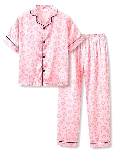Topgal Big Girls Jammies Size 14 – Lovely Pink Leopard Short Sleeve & Pants Button Down PJ Set Sleepwear