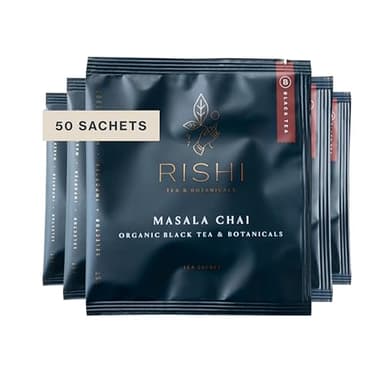 Rishi Tea Masala Chai Black Sachet Tea Bag Blend - Organic, Assam with Whole Spices, Energizing & Caffeinated - 50 Count