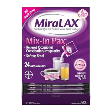 MiraLAX Gentle Constipation Relief Laxative Powder, Stool Softener with PEG 3350, No Harsh Side Effects, 1 Doctor & OBGYN Recommended, Single Dose Mix-in Pax, Travel Pack, 24 Dose