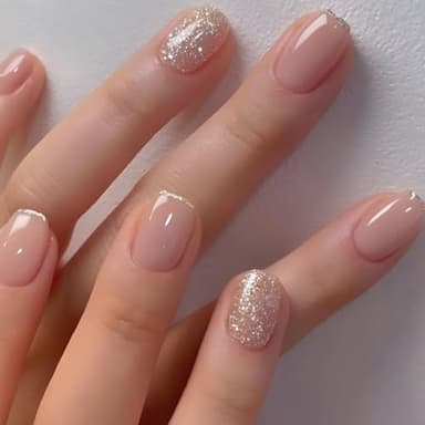 French Tip Press on Nails Glitter Petite Short Square Fake Nails Pink Nude Glossy Design Sparkly False Nails Glue on Nails with Full Cover Acrylic Stick on Nails for Women Girls Nail Decorations 24Pcs
