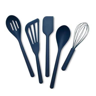 GreenPan Silicone 5 Piece Cooking Utensil Set, Slotted & Solid Spoon, Turner, Spatula, Whisk, Flexible Nonstick Kitchen Tools, Steel Core, Heat-Resistant Anti-Slip Handle BPA-Free Dishwasher Safe Blue