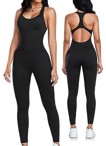 OLCHEE Womens Workout Jumpsuits Seamless Yoga Gym Bodycon Rompers Sexy Racerback Tummy Control Padded Bra Unitard - Black Small